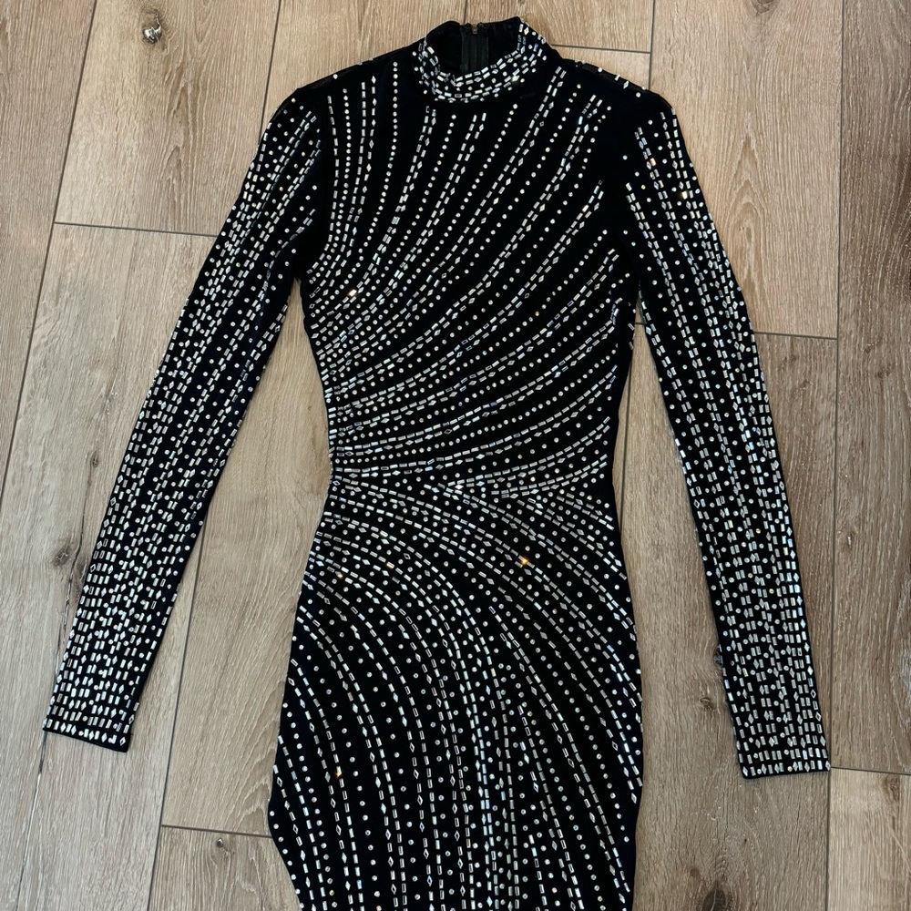 Windsor Black and Silver Long Sleeve Gown Maxi Dress Jewels Studs Bling Dress XS - Picture 2 of 2